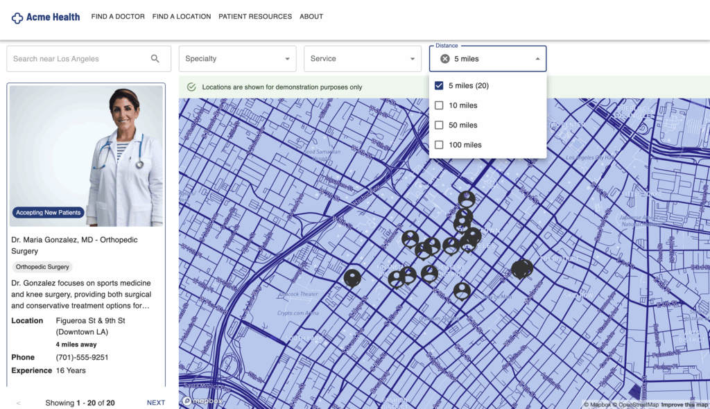 Location search example on healthcare website